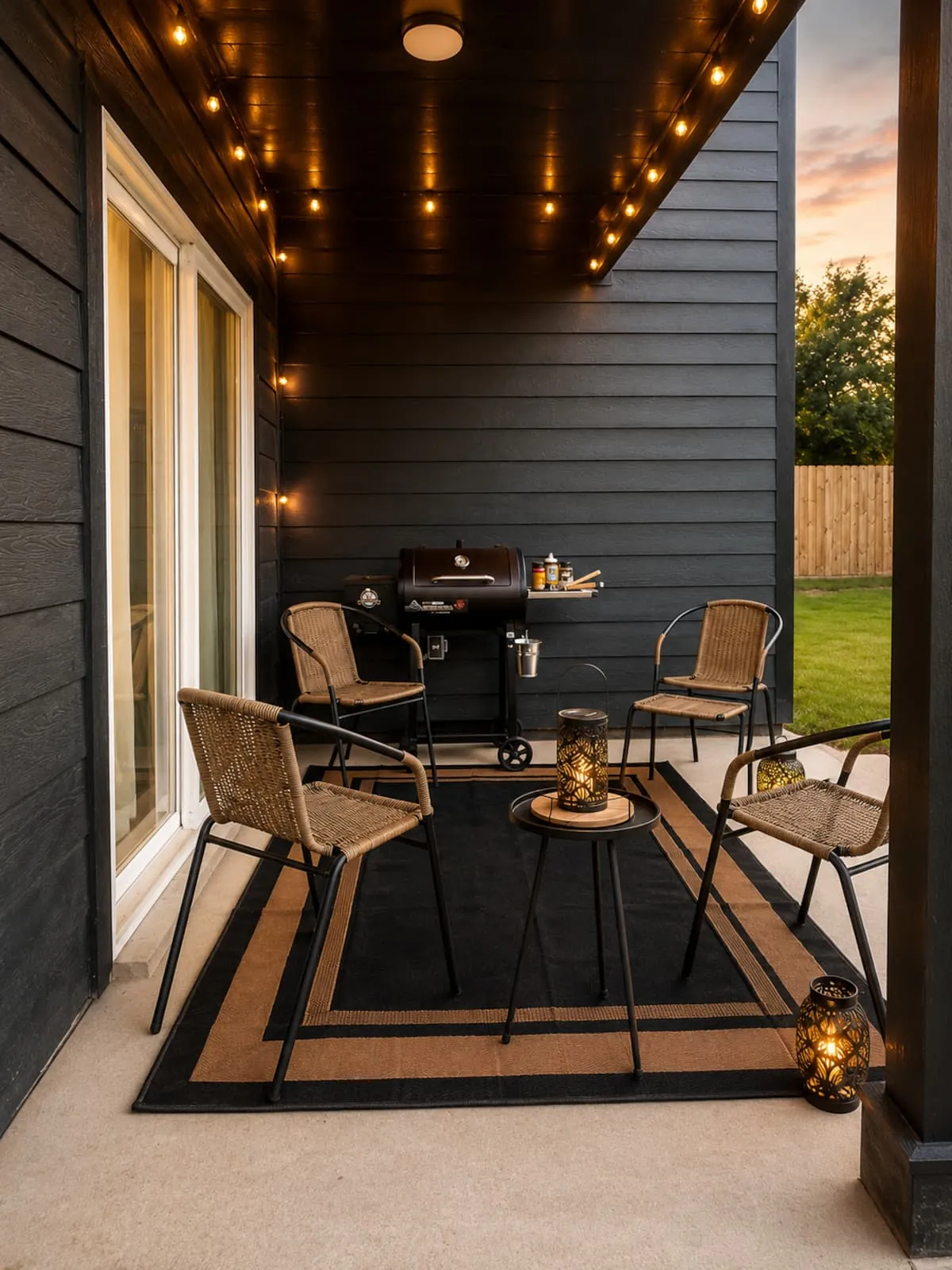 Covered Patio Veranda with Pellet Smoker Grill and Café String Lights