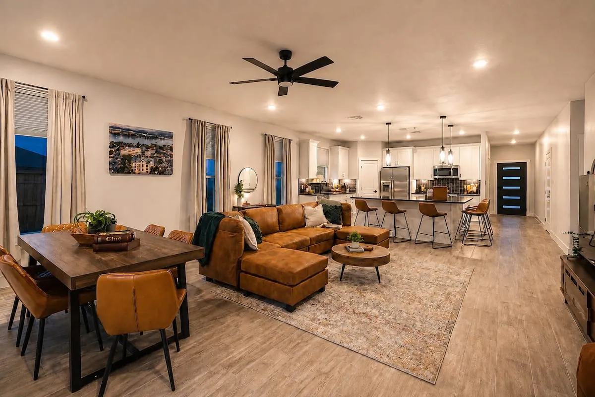 Open Living Room with Cognac Sectional & Dining Area