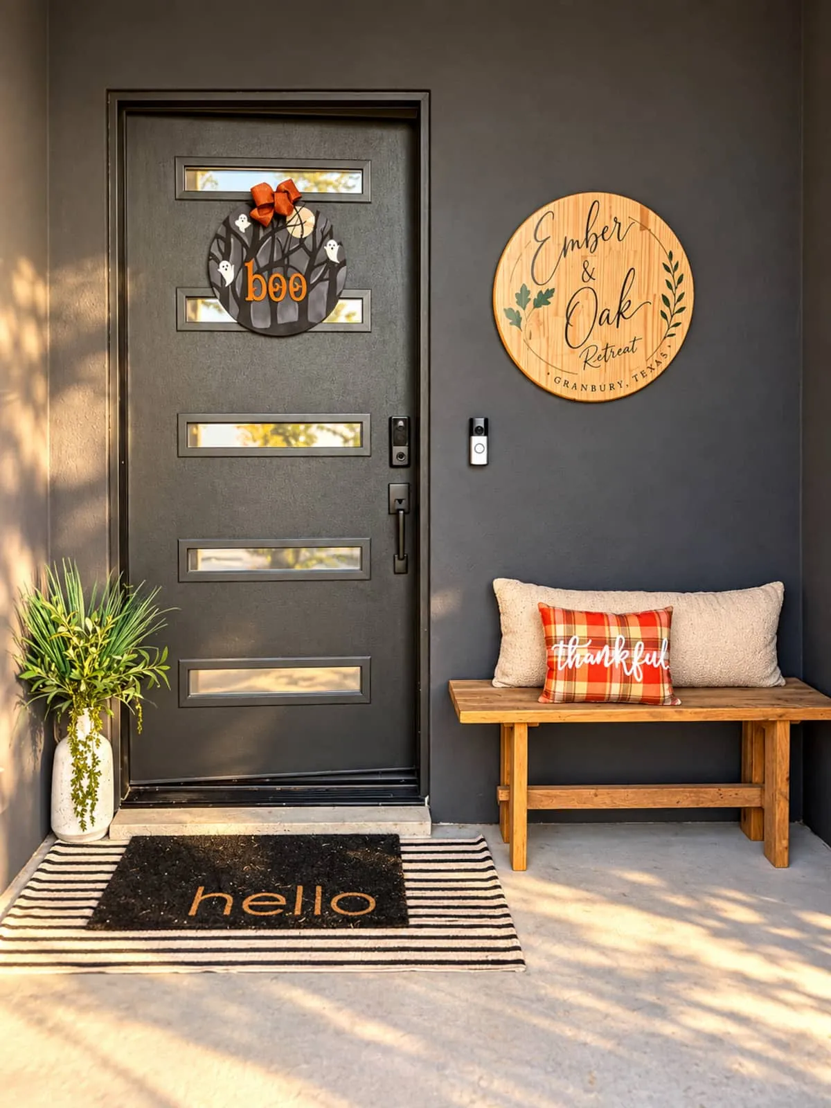Welcoming Front Porch Entry & Ember and Oak Wooden Sign